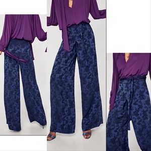 Zara Blue Palazzo Wide Leg Jacquard Trouser Sz S